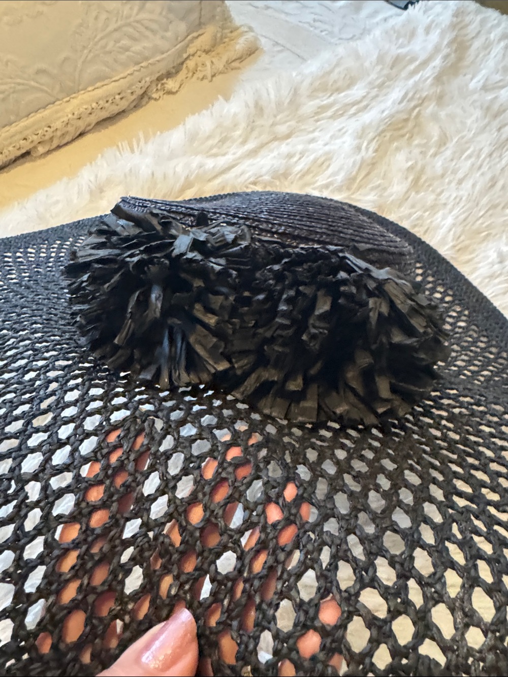Zara Black Straw Wide-Brimmed Hat w/ Decorative Flowers - Picture 3 of 8